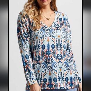 Tribal Blue Orange Southwest Patterned Long Sleeve Top Size Medium